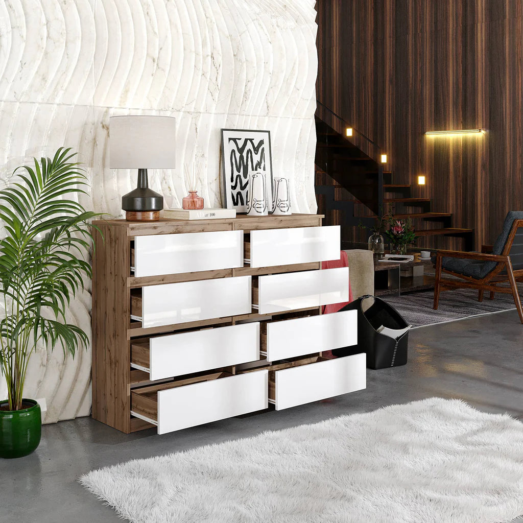 GABRIEL - Cassettiera a 8 cassetti - Credenza per camera da letto - Rovere Wotan / Bianco Lucido