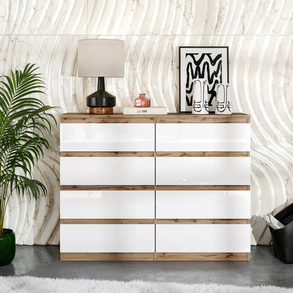 GABRIEL - Cassettiera a 8 cassetti - Credenza per camera da letto - Rovere Wotan / Bianco Lucido