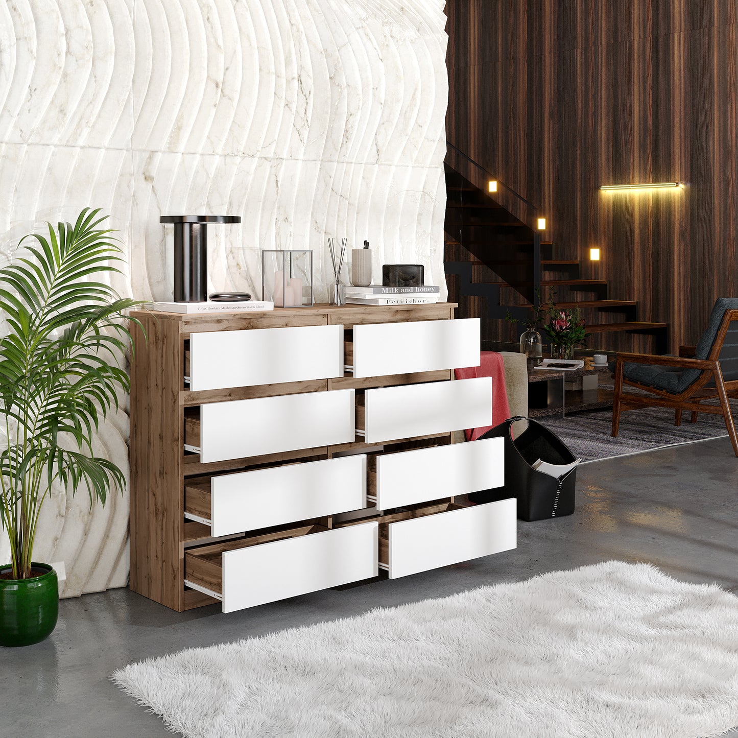 GABRIEL - Cassettiera a 8 cassetti - Credenza per camera da letto - Rovere Wotan / Bianco Opaco
