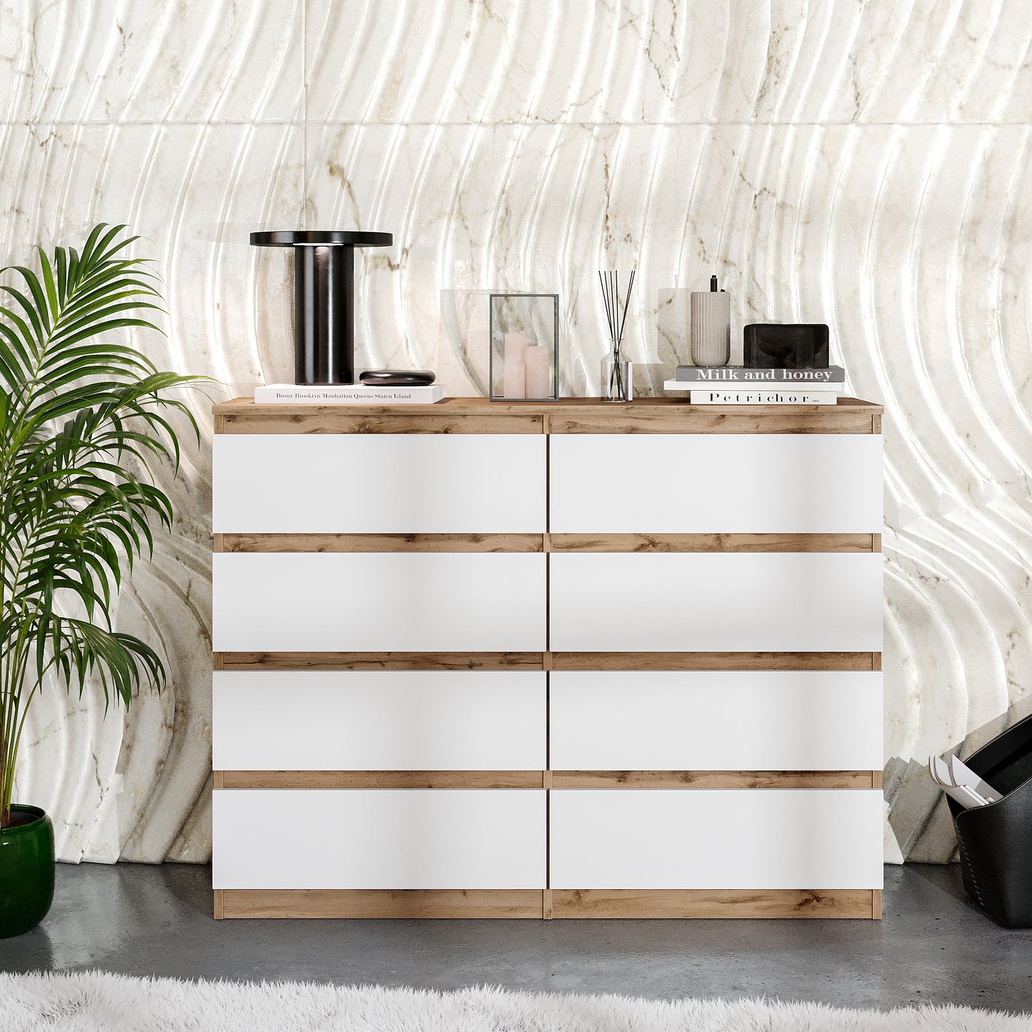 GABRIEL - Cassettiera a 8 cassetti - Credenza per camera da letto - Rovere Wotan / Bianco Opaco