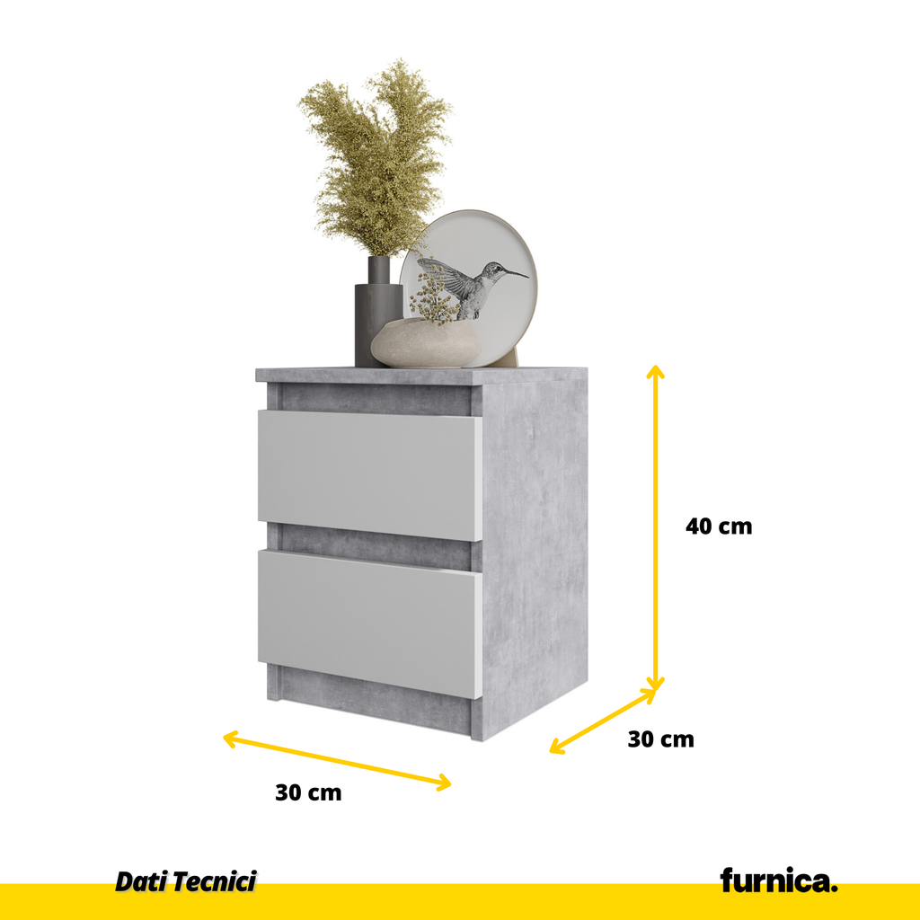 GABRIEL - Comodino - Comodino con 2 cassetti - Calcestruzzo / Bianco opaco