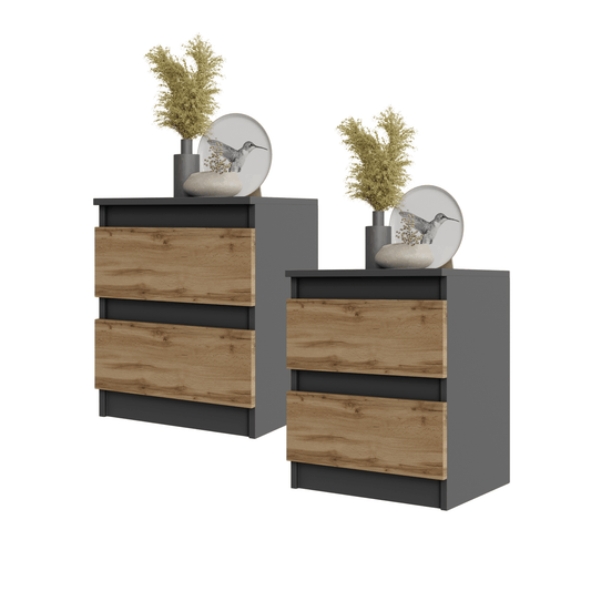 Set 2 Pezzi GABRIEL BIG - Comodino con 2 Cassetti - Antracite / Rovere Wotan - H50cm L41cm P33cm