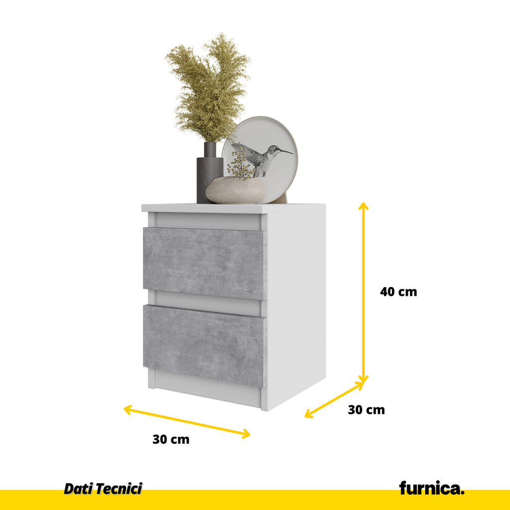 GABRIEL - Comodino - Comodino con 2 cassetti - Bianco opaco / Calcestruzzo