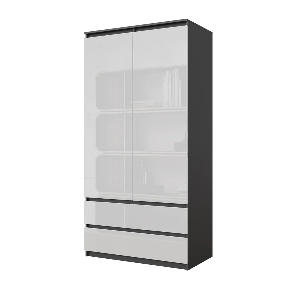 JOELLE - Armadio a 2 ante con 2 cassetti - Antracite / Bianco lucido H180cm L90cm P50cm