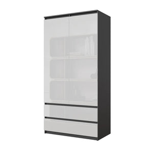 JOELLE - Armadio a 2 ante con 2 cassetti - Antracite / Bianco lucido H180cm L90cm P50cm