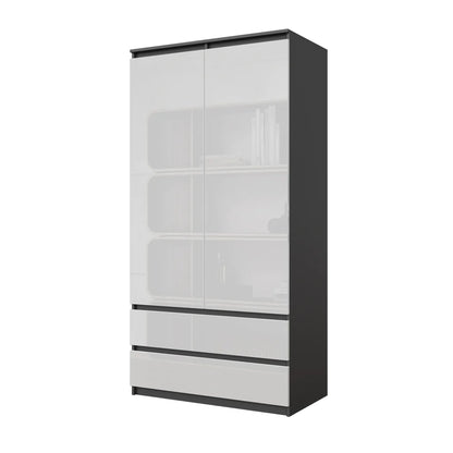 JOELLE - Armadio a 2 ante con 2 cassetti - Antracite / Bianco lucido H180cm L90cm P50cm