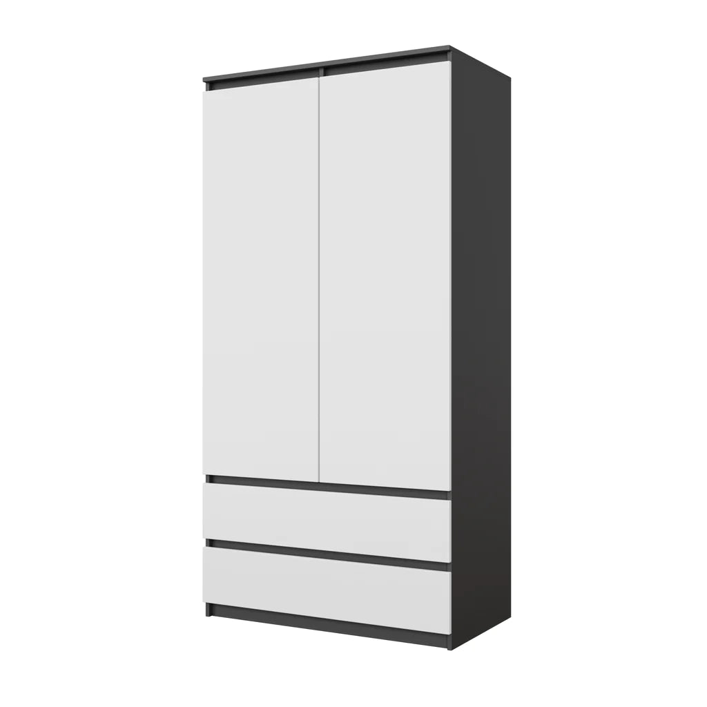 JOELLE - Armadio a 2 ante con 2 cassetti - Antracite / Bianco opaco H180cm L90cm P50cm