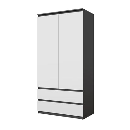 JOELLE - Armadio a 2 ante con 2 cassetti - Antracite / Bianco opaco H180cm L90cm P50cm