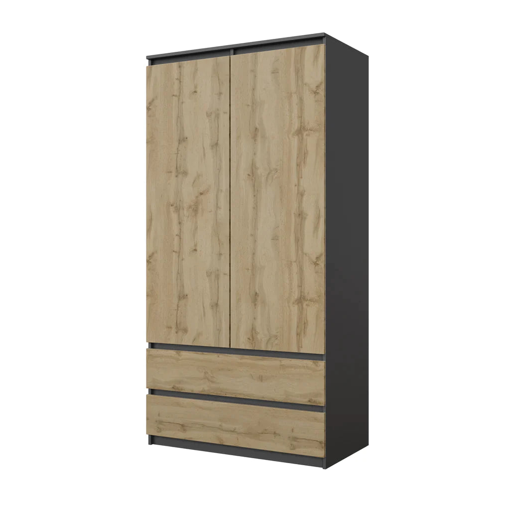 JOELLE - Armadio a 2 ante con 2 cassetti - Antracite / Quercia Wotan H180cm L90cm P50cm