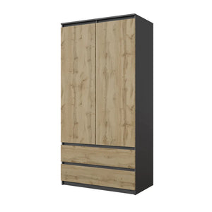 JOELLE - Armadio a 2 ante con 2 cassetti - Antracite / Quercia Wotan H180cm L90cm P50cm