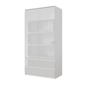 JOELLE - Armadio a 2 ante con 2 cassetti - Bianco opaco / Bianco lucido H180cm L90cm P50cm