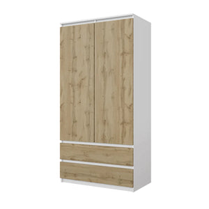JOELLE - Armadio a 2 ante con 2 cassetti - Bianco opaco / Rovere Wotan H180cm L90cm P50cm