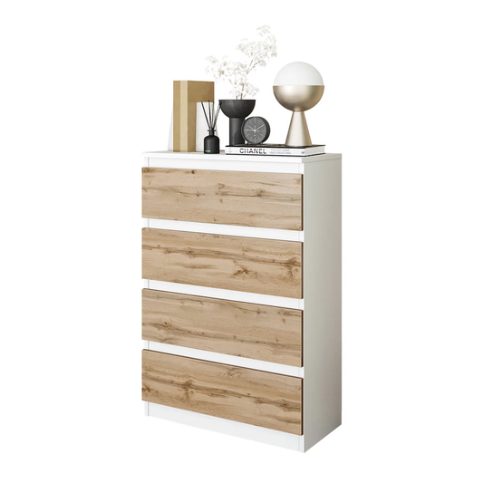 GABRIEL - Comò a 4 cassetti - Credenza per camera da letto - Bianco opaco / Rovere Wotan
