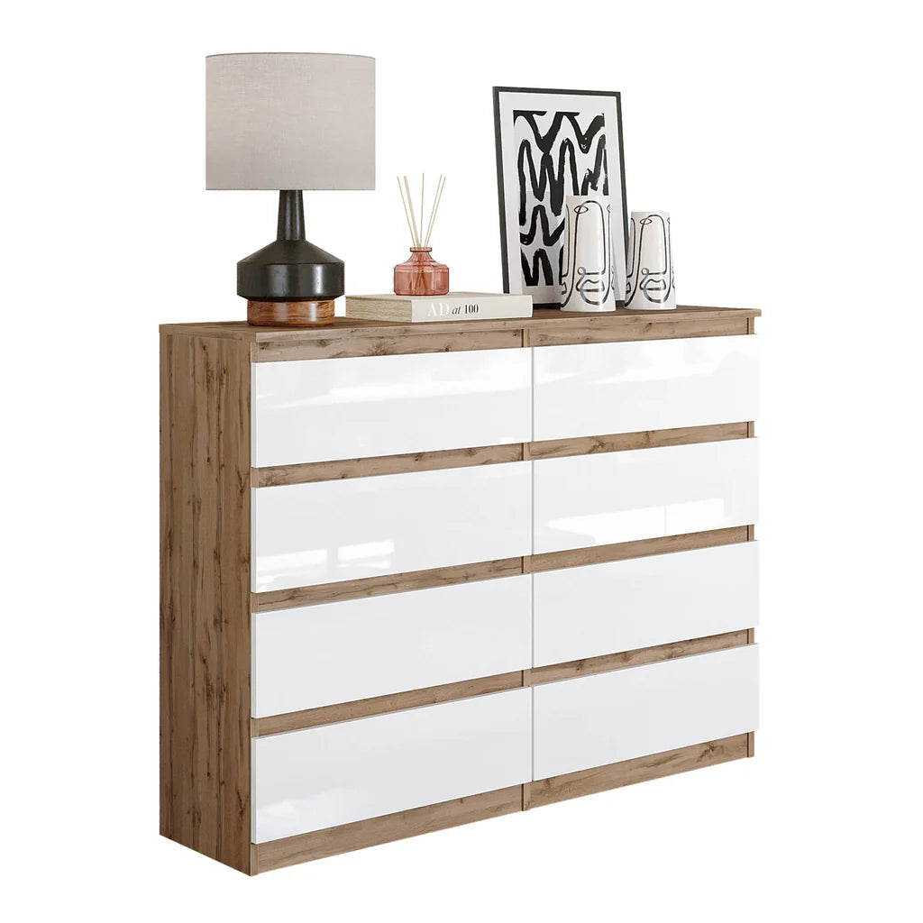 GABRIEL - Cassettiera a 8 cassetti - Credenza per camera da letto - Rovere Wotan / Bianco Lucido