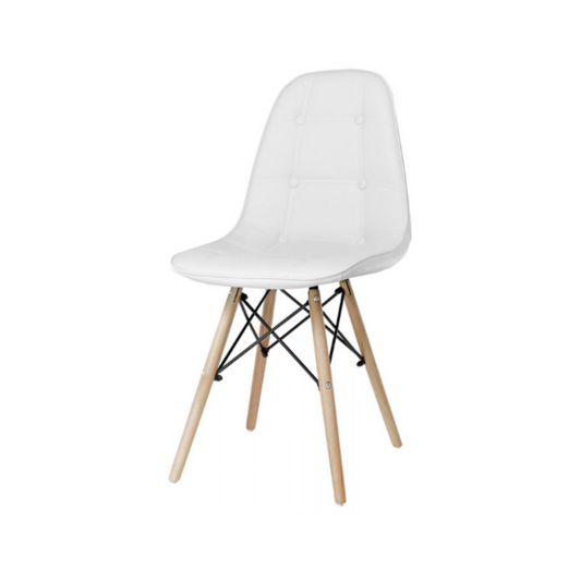 ANGELO - Sedia da pranzo/ufficio in ecopelle di qualità con bottoni e gambe in legno - Bianco