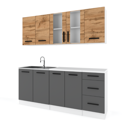 GONZO - Set cucina - Antracite / Rovere Wotan con piano di lavoro - 6 unità - 200 cm