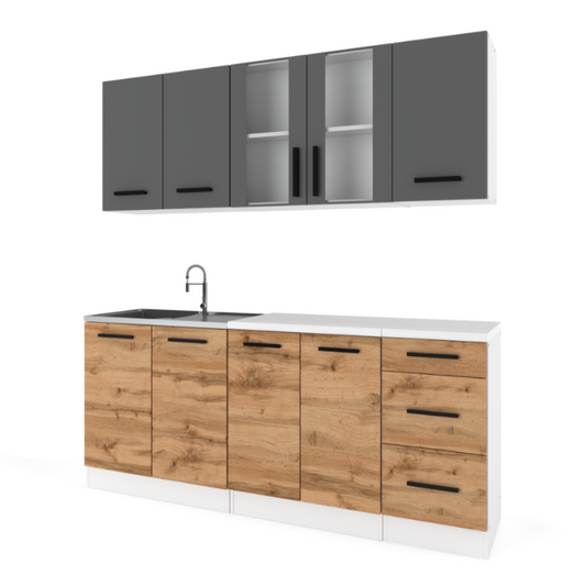 GONZO - Set cucina - Rovere Wotan / Antracite con piano di lavoro - 6 unità - 200 cm