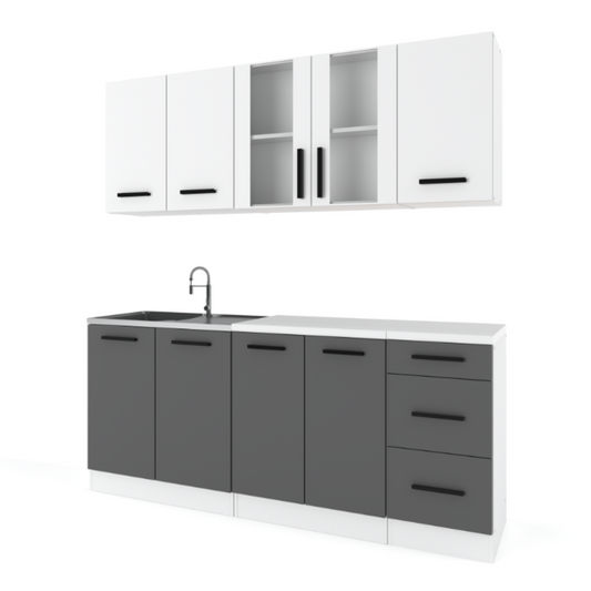 GONZO - Set cucina - Antracite / Bianco opaco con piano di lavoro - 6 unità - 200 cm