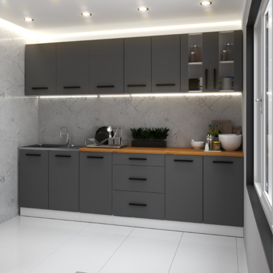 RENO - Set cucina - Antracite / Antracite con piano di lavoro - 8 unità - 260 cm