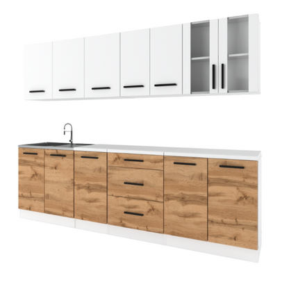 RENO - Set cucina - Rovere Wotan / Bianco opaco con piano di lavoro - 8 unità - 260 cm