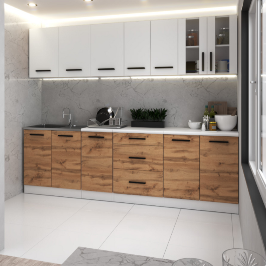 RENO - Set cucina - Rovere Wotan / Bianco opaco con piano di lavoro - 8 unità - 260 cm