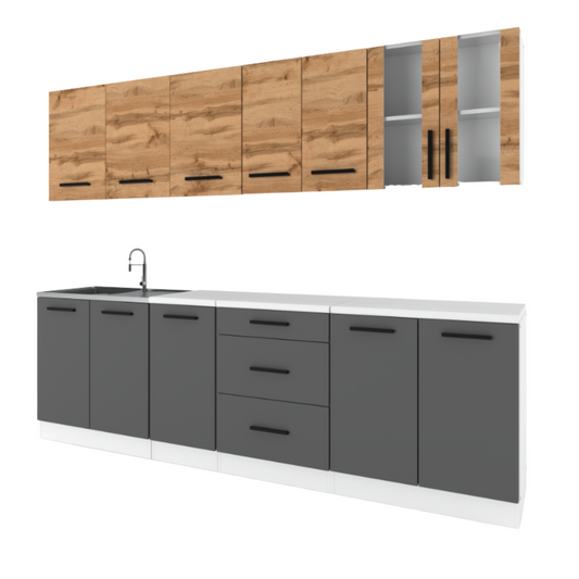 RENO - Set cucina - Antracite / Rovere Wotan con piano di lavoro - 8 unità - 260 cm