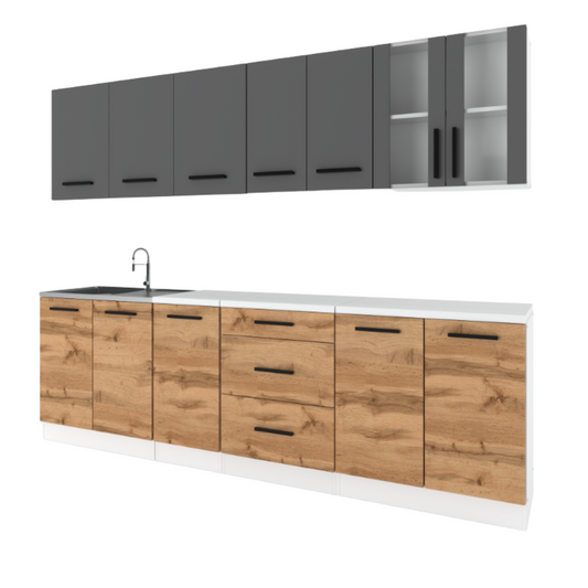 RENO - Set cucina - Rovere Wotan / Antracite con piano di lavoro - 8 unità - 260 cm