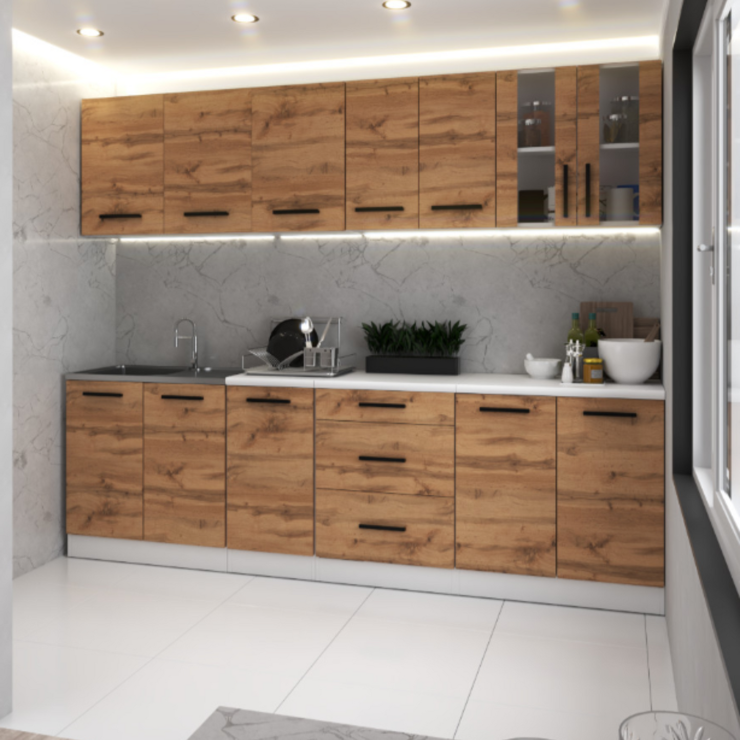 RENO - Set cucina - Rovere Wotan con piano di lavoro - 8 unità - 260 cm