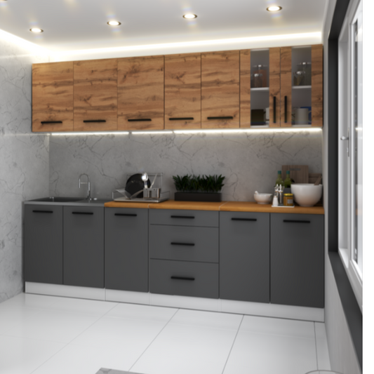 RENO - Set cucina - Antracite / Rovere Wotan con piano di lavoro - 8 unità - 260 cm