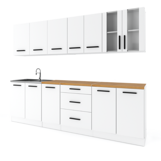RENO - Set cucina - Bianco opaco con piano di lavoro - 8 unità - 260 cm