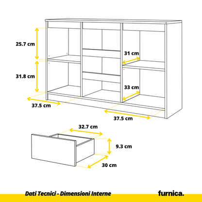 MIKEL - Cassettiera con 3 cassetti e 2 ante - Credenza per camera da letto - Bianco Opaco / Bianco Lucido