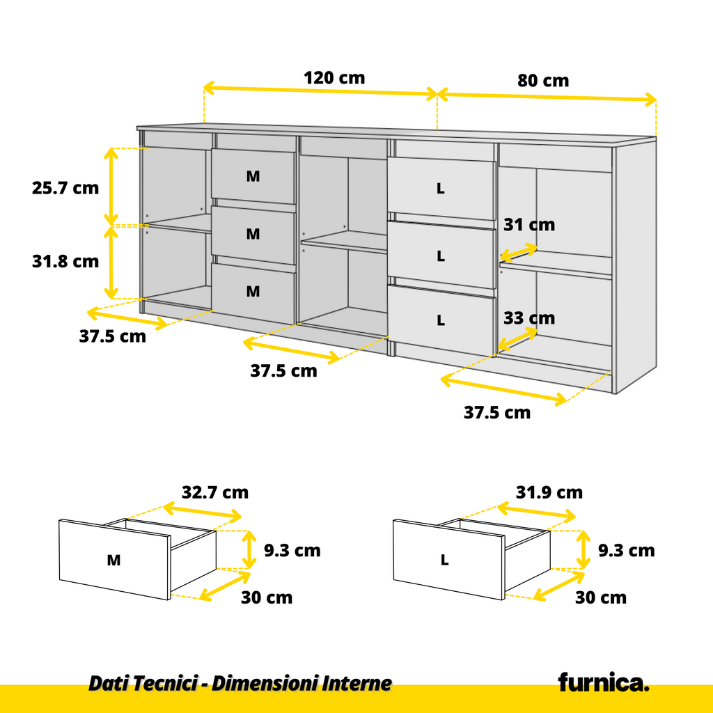 MIKEL - Cassettiera con 6 cassetti e 3 ante - Credenza per camera da letto - Bianco Opaco/Bianco Lucido H75cm L200cm P35cm