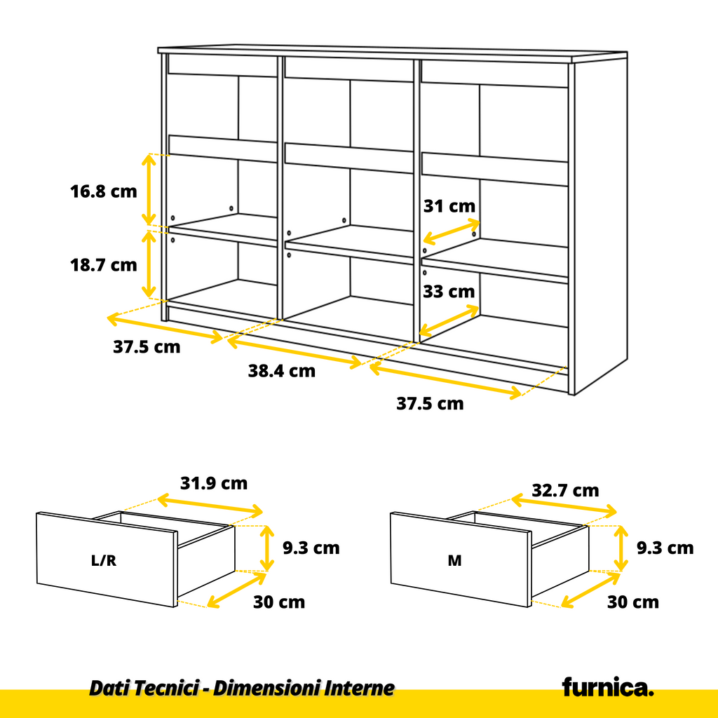 NOAH - Cassettiera a 3 cassetti e 3 ante - Credenza per camera da letto - Bianco Opaco / Nero Lucido