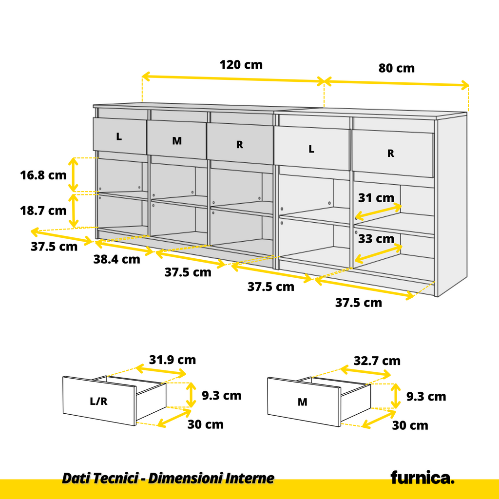 NOAH - Cassettiera a 5 cassetti e 5 ante - Credenza per camera da letto - Rovere Sonoma / Bianco Lucido H75cm L200cm P35cm