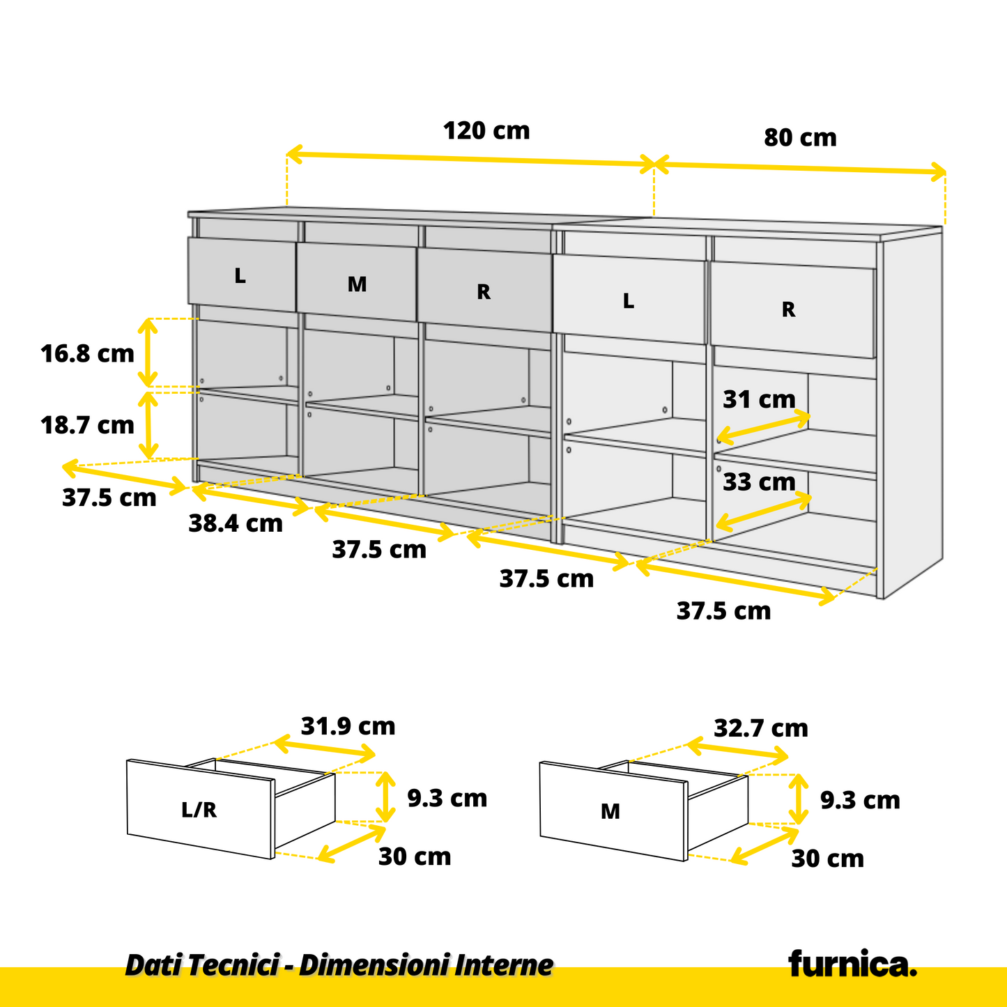 NOAH - Cassettiera a 5 cassetti e 5 ante - Credenza per camera da letto - Calcestruzzo / Bianco Lucido H75cm L200cm P35cm