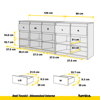 NOAH - Cassettiera a 5 cassetti e 5 ante - Credenza per camera da letto - Calcestruzzo / Bianco Lucido H75cm L200cm P35cm