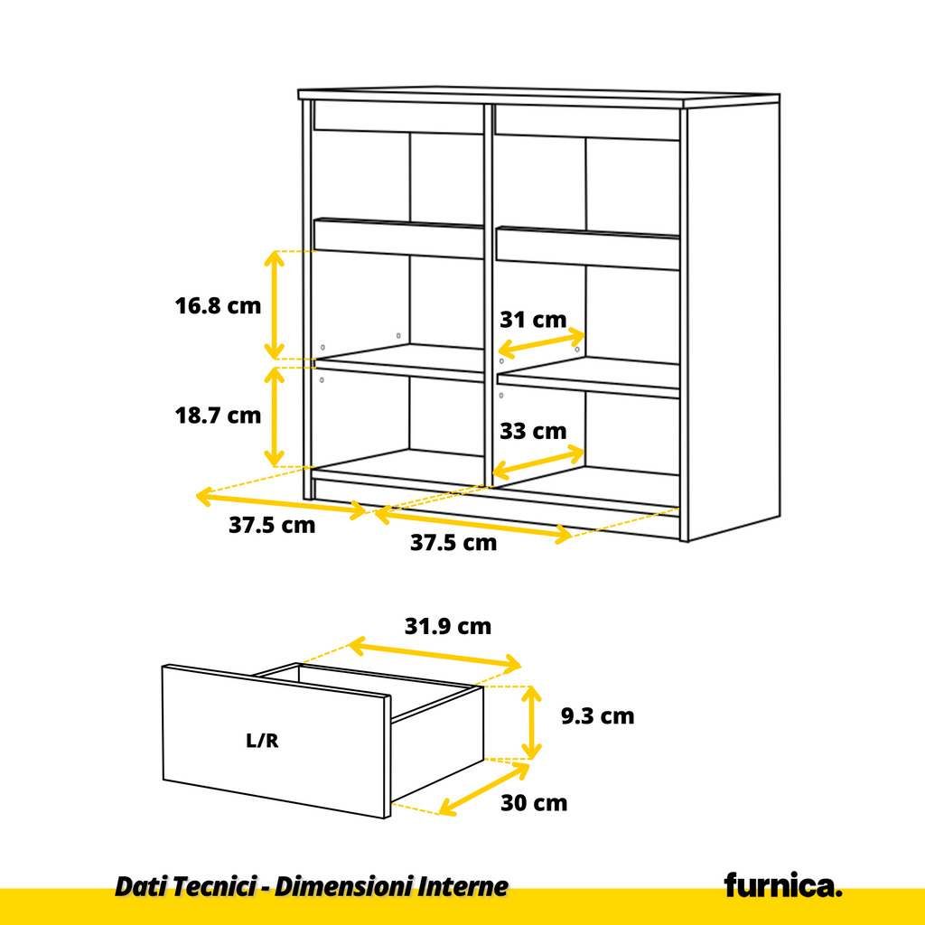 NOAH - Cassettiera con 2 cassetti e 2 ante - Credenza per camera da letto - Calcestruzzo / Bianco Lucido