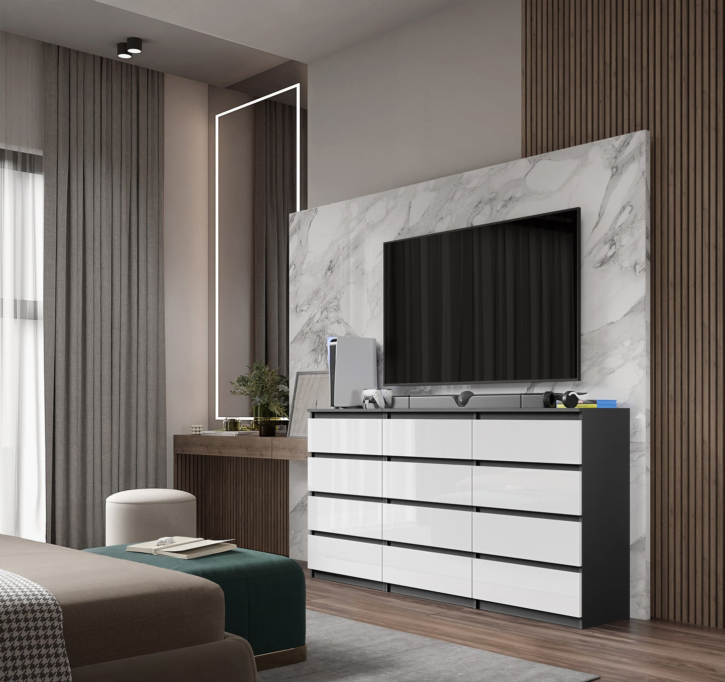 GABRIEL - Cassettiera a 12 cassetti (8+4) - Credenza per camera da letto - Antracite / Bianco Opaco
