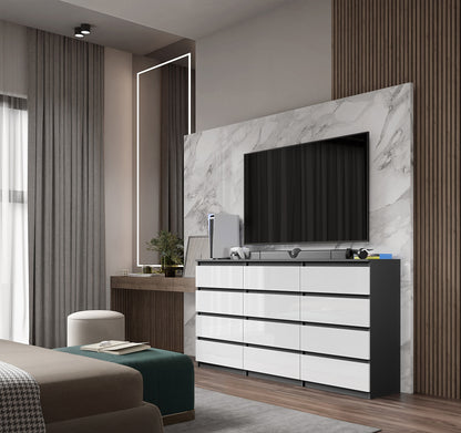 GABRIEL - Cassettiera a 12 cassetti (8+4) - Credenza per camera da letto - Antracite / Bianco Opaco