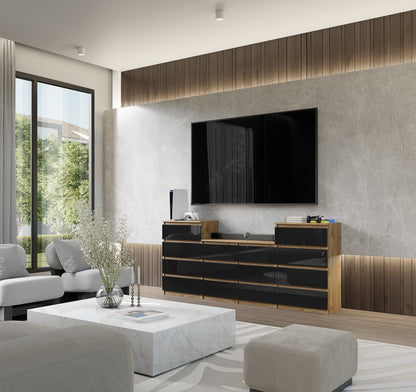 GABRIEL - Cassettiera a 14 cassetti (4+6+4) - Credenza per camera da letto - Rovere Wotan / Nero Lucido