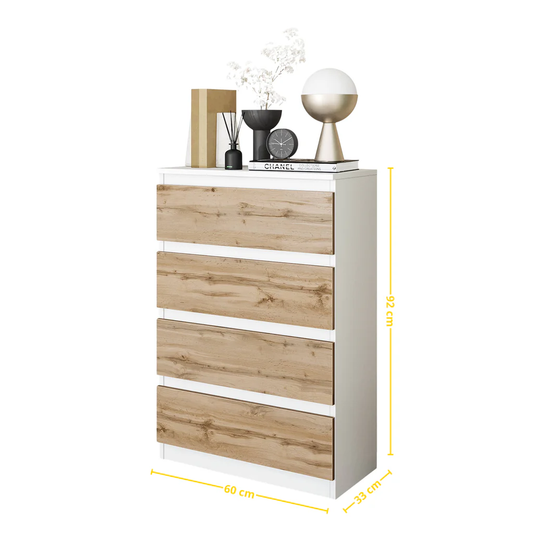 GABRIEL - Comò a 4 cassetti - Credenza per camera da letto - Bianco opaco / Rovere Wotan