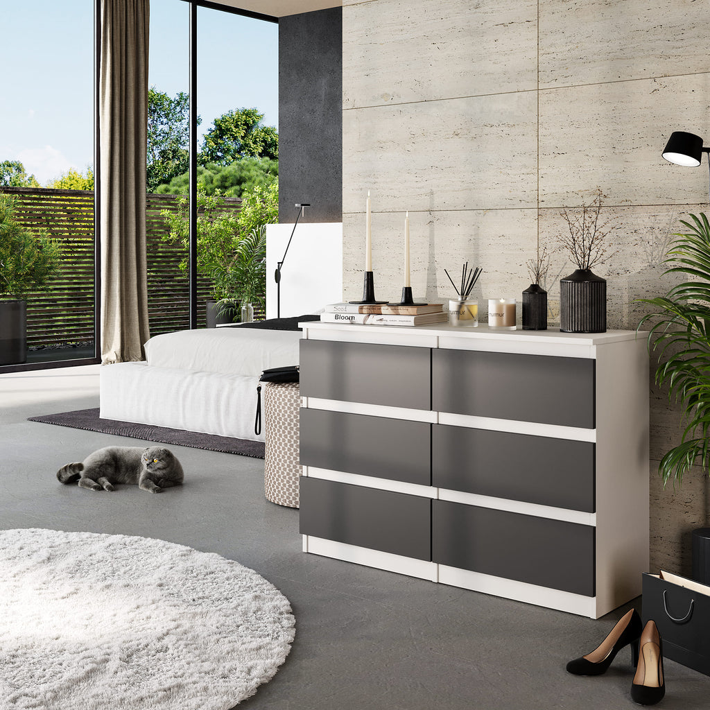 GABRIEL - Cassettiera a 6 cassetti - Credenza per camera da letto - Bianco opaco / Antracite