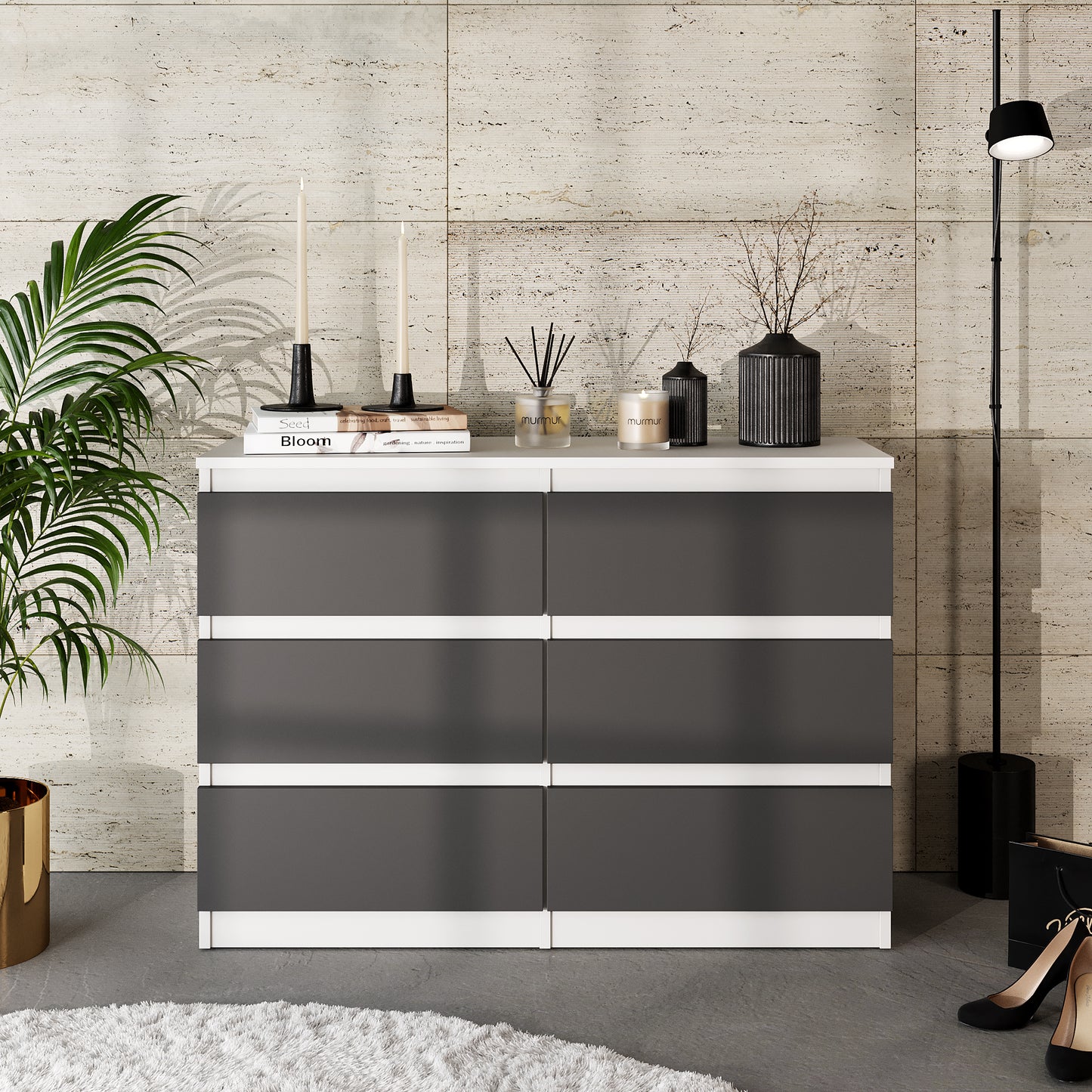 GABRIEL - Cassettiera a 6 cassetti - Credenza per camera da letto - Bianco opaco / Antracite