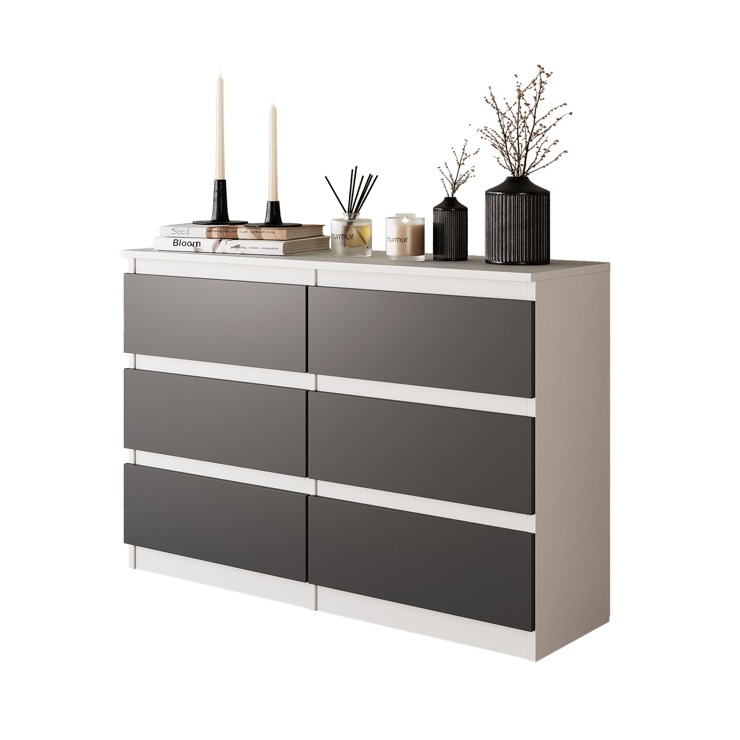 GABRIEL - Cassettiera a 6 cassetti - Credenza per camera da letto - Bianco opaco / Antracite