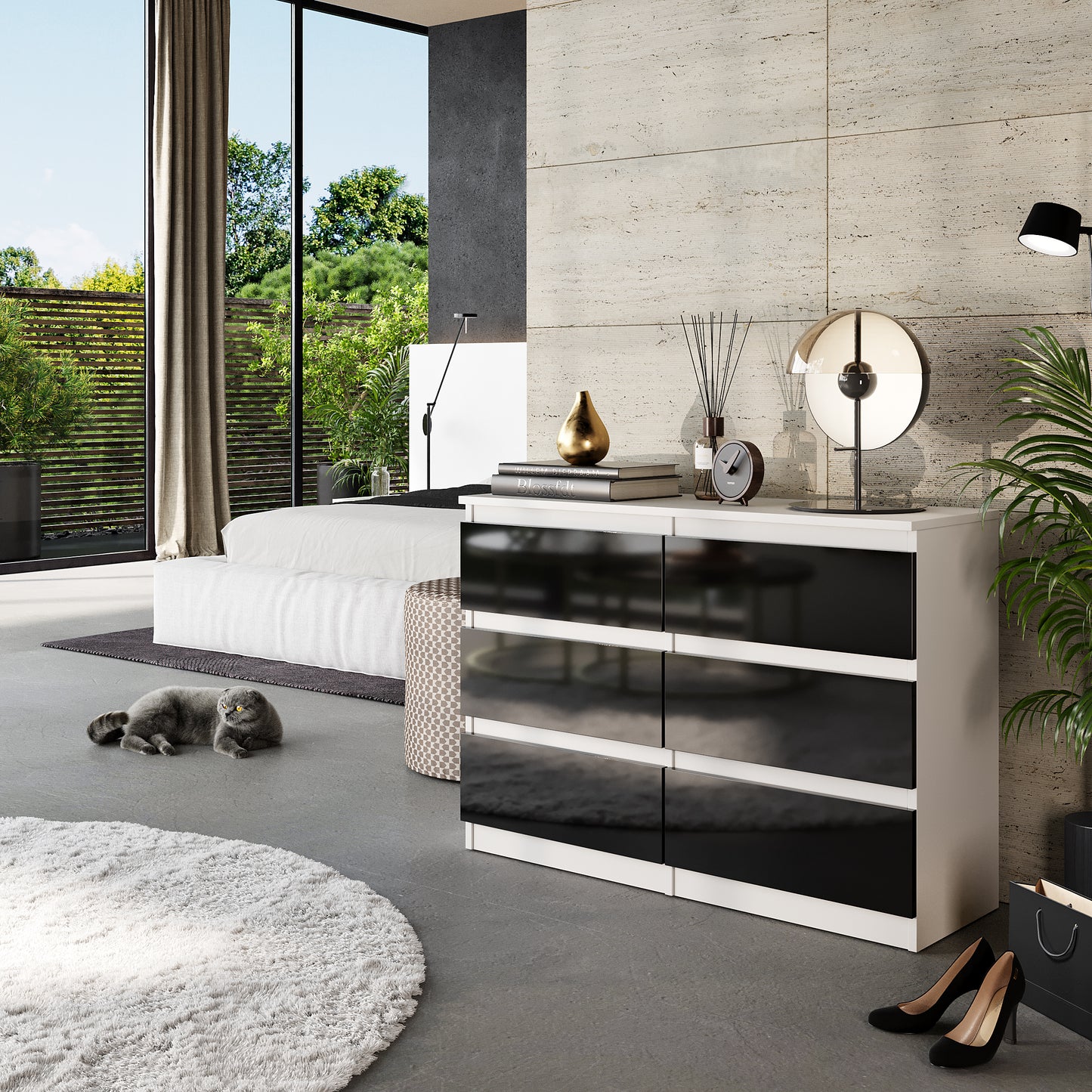 GABRIEL - Cassettiera a 6 cassetti - Credenza per camera da letto - Bianco opaco / Nero lucido