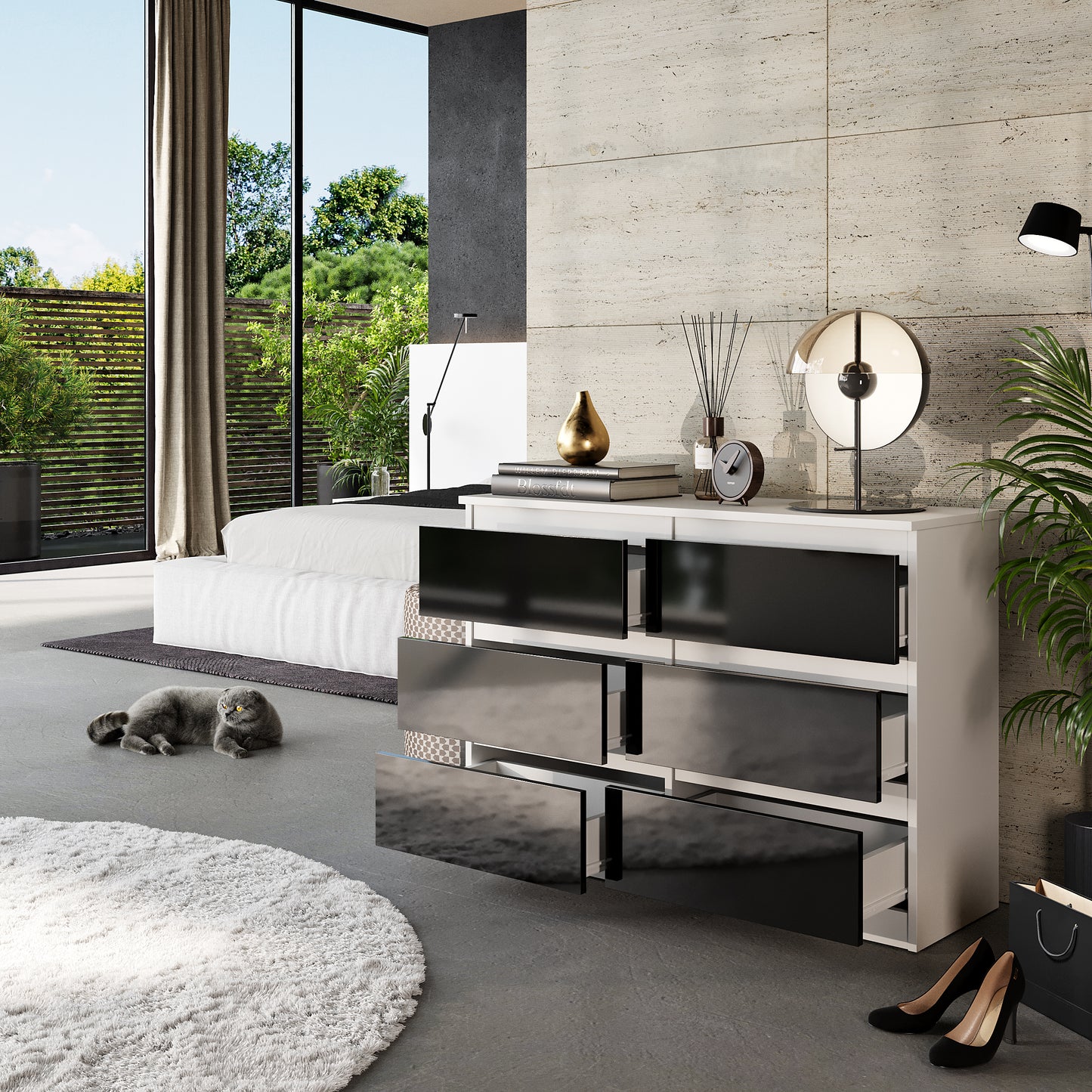 GABRIEL - Cassettiera a 6 cassetti - Credenza per camera da letto - Bianco opaco / Nero lucido