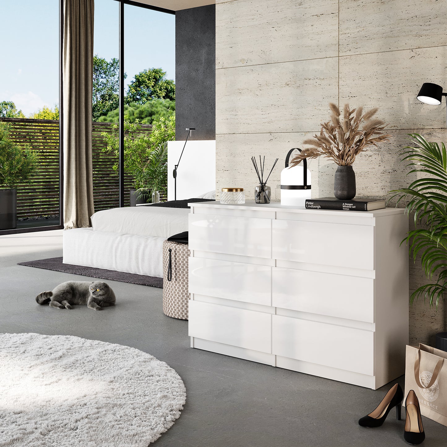 GABRIEL - Cassettiera a 6 cassetti - Credenza per camera da letto - Bianco opaco / Bianco lucido