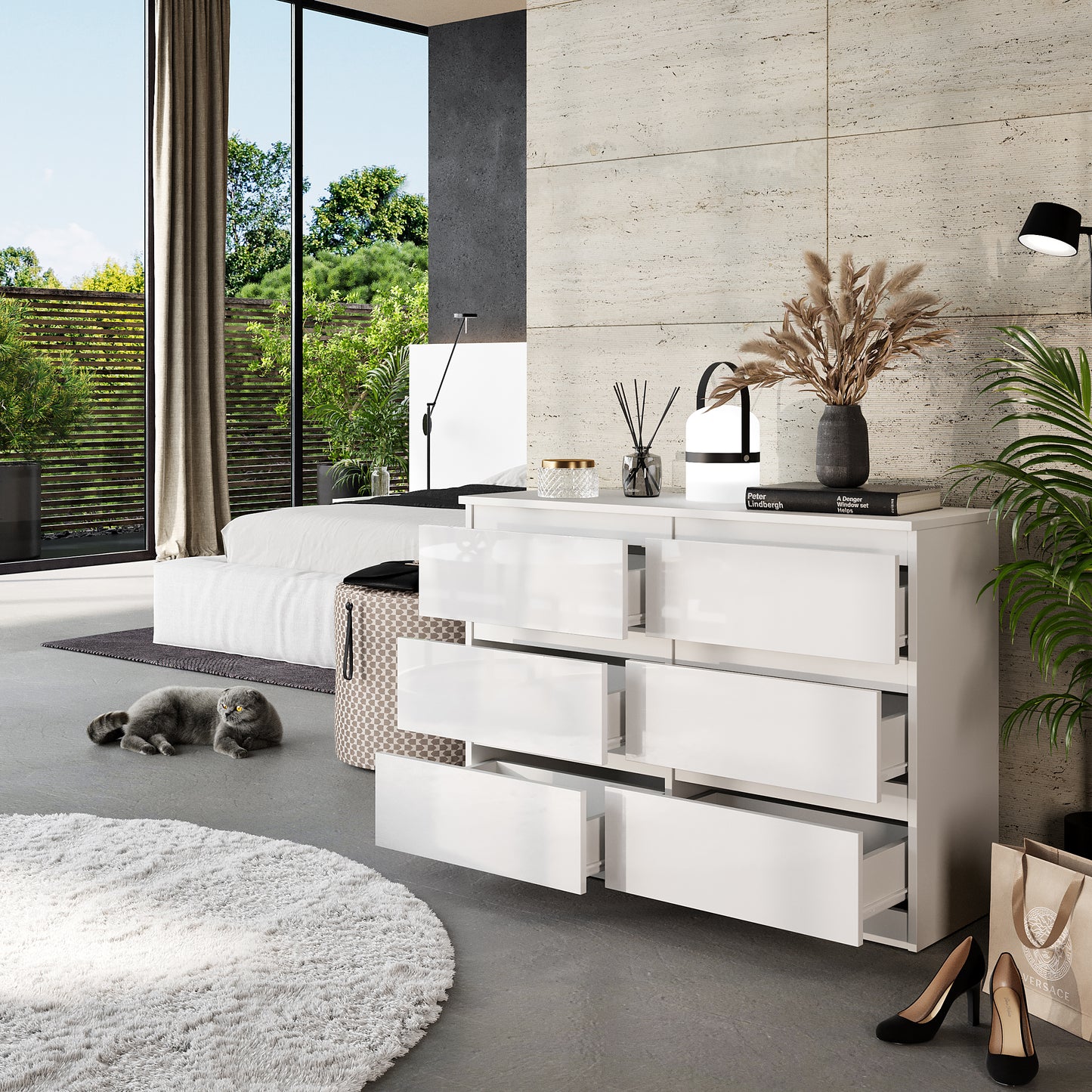 GABRIEL - Cassettiera a 6 cassetti - Credenza per camera da letto - Bianco opaco / Bianco lucido