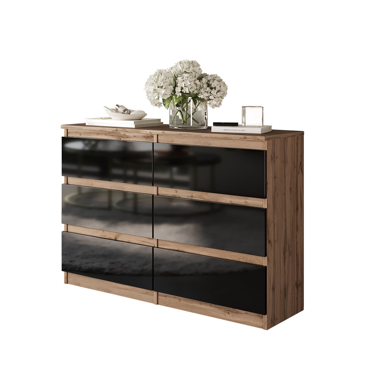 GABRIEL - Cassettiera a 6 cassetti - Credenza per camera da letto - Rovere di Wotan / Nero Lucido