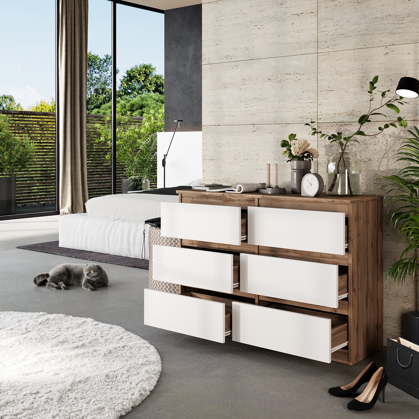 GABRIEL - Cassettiera a 6 cassetti - Credenza per camera da letto - Rovere di Wotan / Bianco Opaco